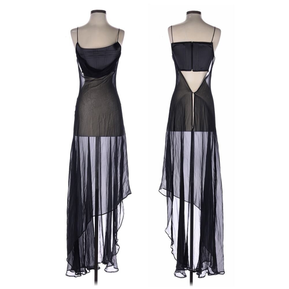 Juan Carlos Pinera Silk Sheer Corset Maxi Dress Black Y2K Open Back S